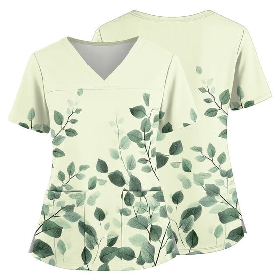 Hawaiian Scrub Tops for Women Short Sleeve Vneck Stretch Holiday Scrub Shirt 2026 Floral Print Nursing Workwear with Pockets Light Green XXXXL