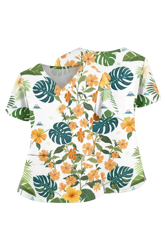 Hawaiian Scrub Tops for Women Short Sleeve Vneck Stretch Holiday Scrub Shirt Cute Floral Print Nursing Workwear with 2 Pockets Army Green L