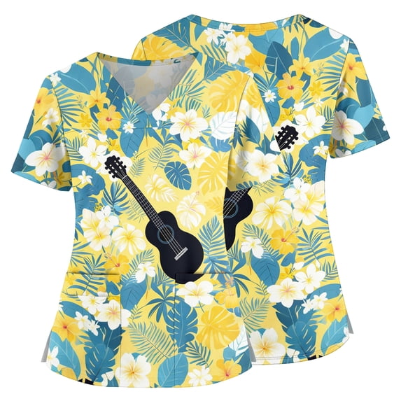 Hawaiian Scrub Tops for Women Soft Stretch V-Neck Medical Scrub Tops with Pockets Blue XXXL