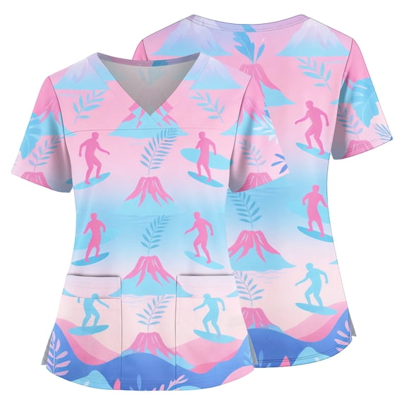 Hawaiian Scrub Tops for Women Soft Stretch V-Neck Medical Scrub Tops with Pockets Light pink XXXL