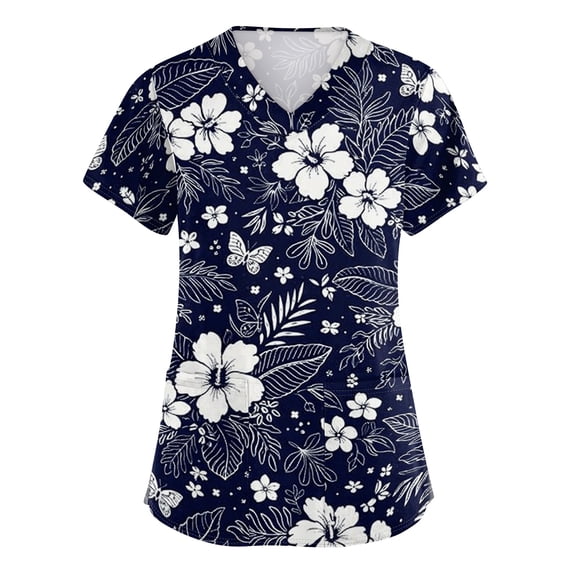 Hawaiian Scrubs for Women V Neck Hawaiian Printed Scrub Tops Medical Nurse Shirt Soft Work Uniform with Pockets Navy L