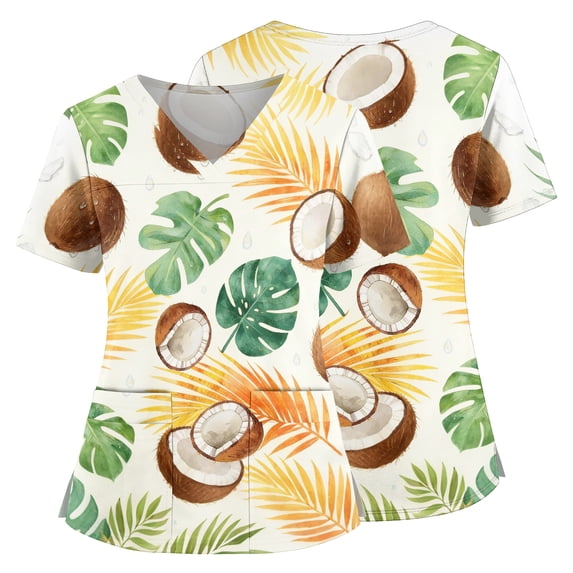 Hawaiian Scrubs for Women Vibrant Tropical Print Short Sleeve V Neck Soft Elastic Nursing Top With Pockets
