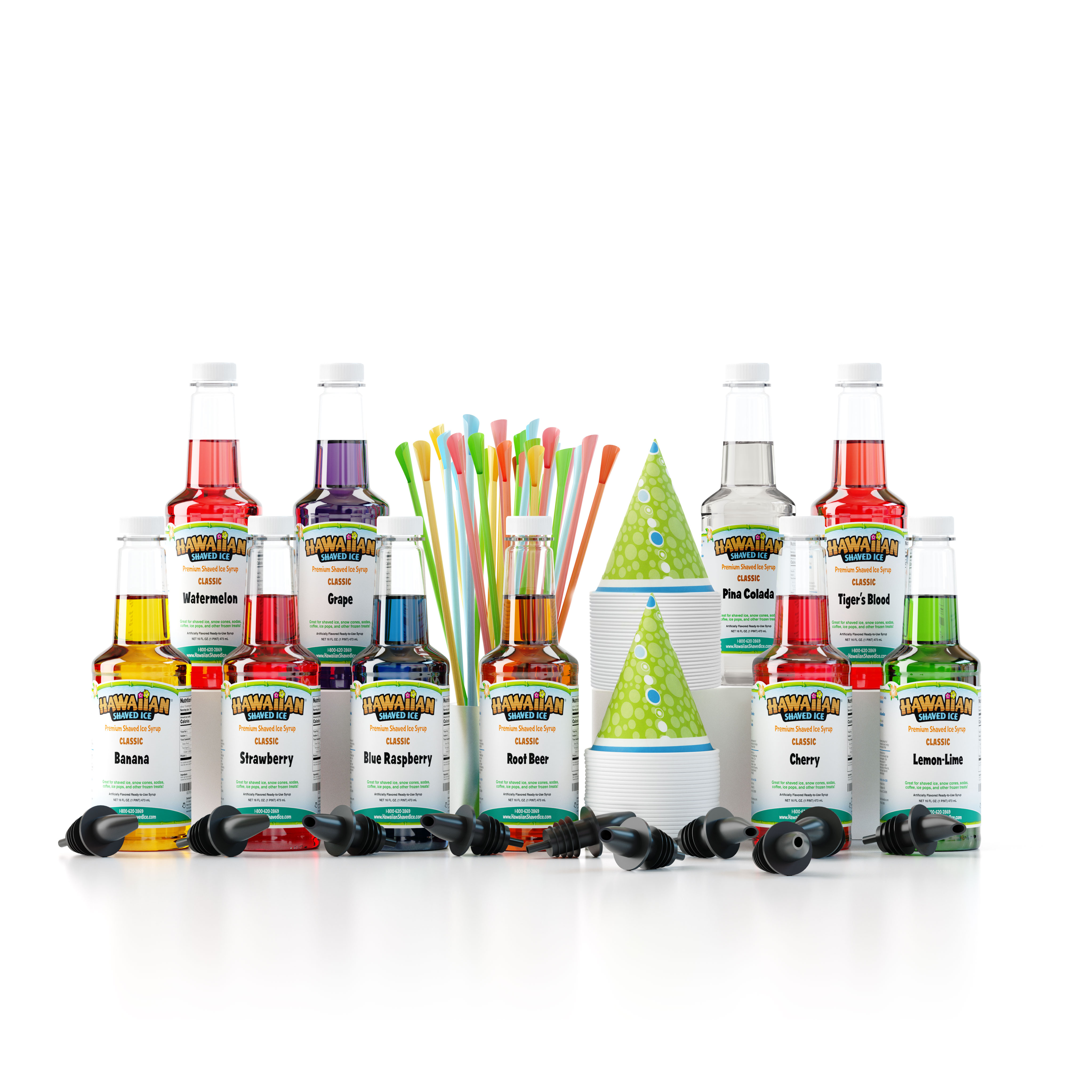 Hawaiian Shaved Ice 10-Flavor Snow Cone Syrup Pack with Accessories 