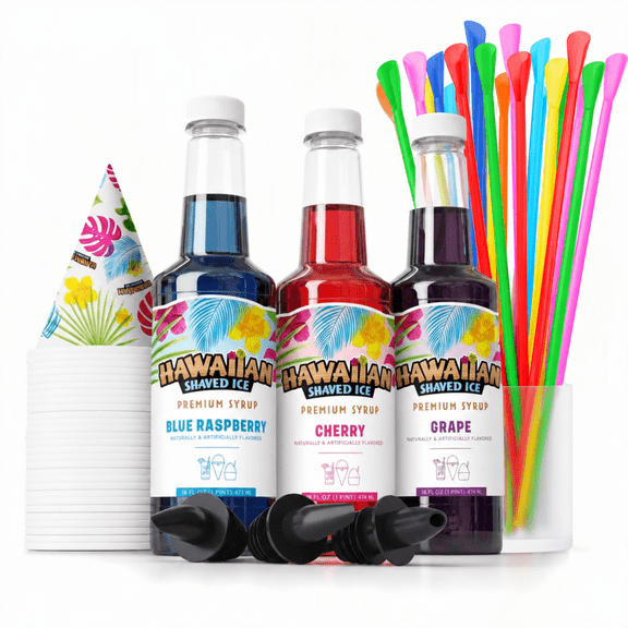Hawaiian Shaved Ice 3 Flavor Fun Syrup and Accessories, 16 oz