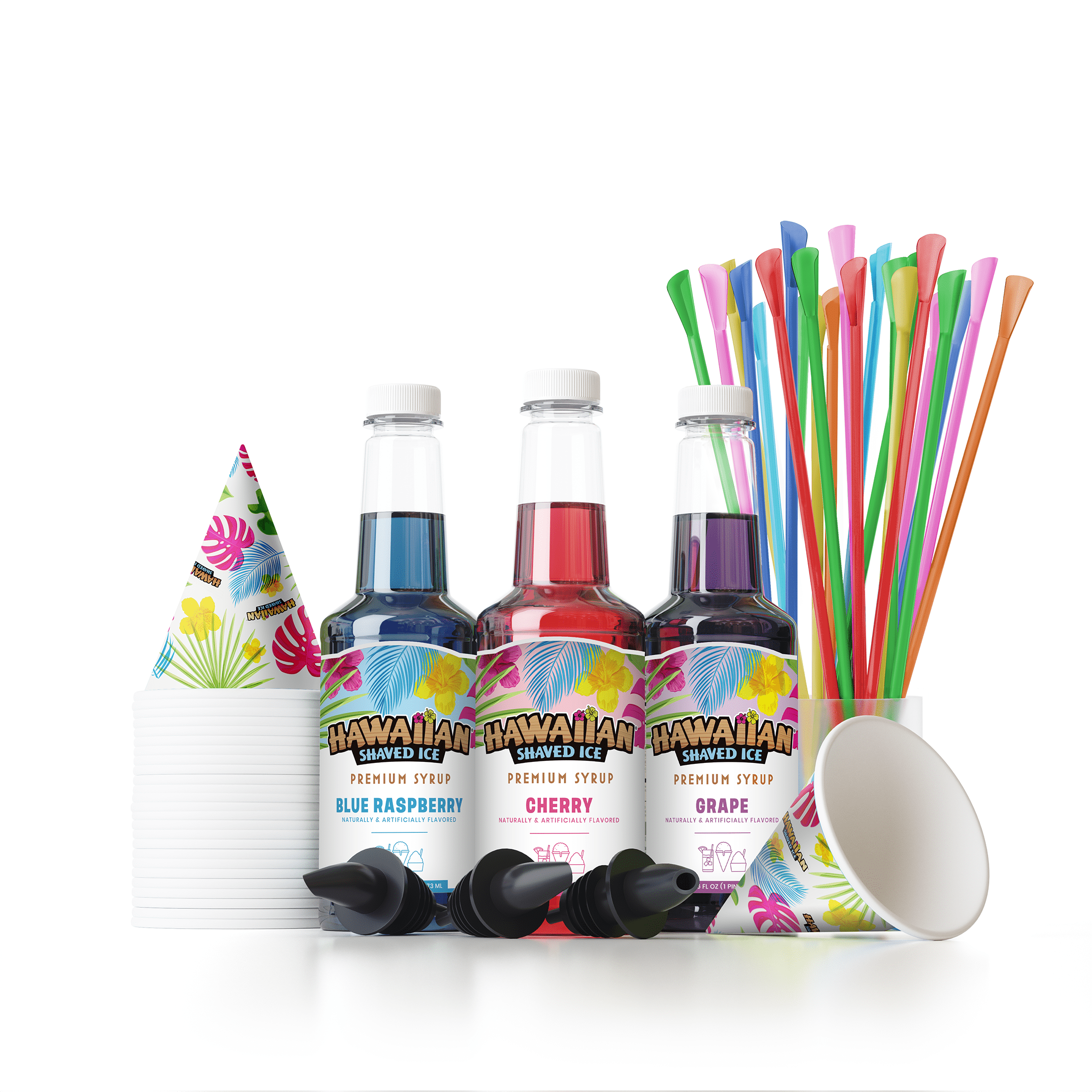 Hawaiian Shaved Ice 3 Flavor Snow Cone Variety Pack with Fun Syrup and