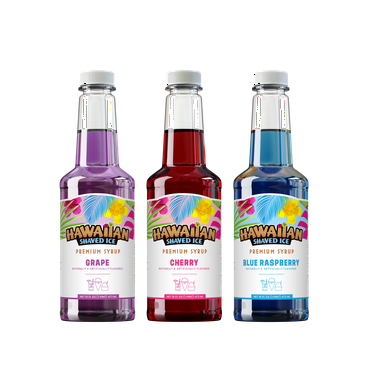 Hawaiian Shaved Ice 3 Syrup Pack - 16oz Plastic Bottles of Cherry, Grape, & Blue Raspberry Flavor