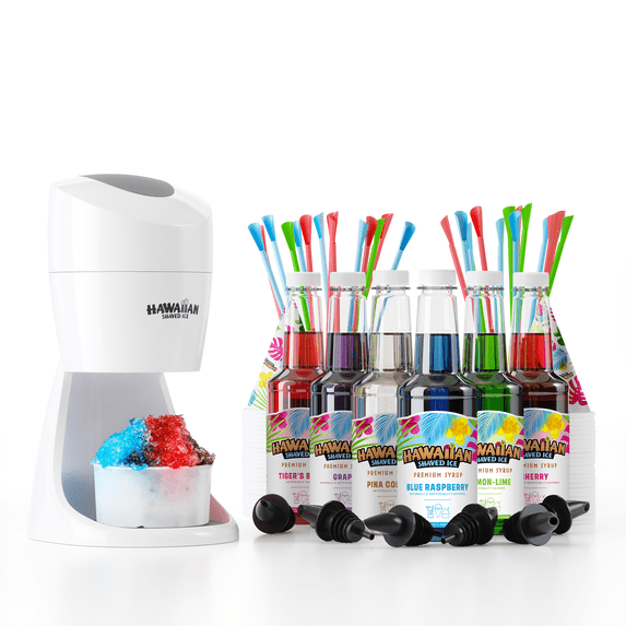 Hawaiian Shaved Ice Machine Kit - Snow Cone Maker With 3 Flavors, Cups & Straws - Home Party Fun!