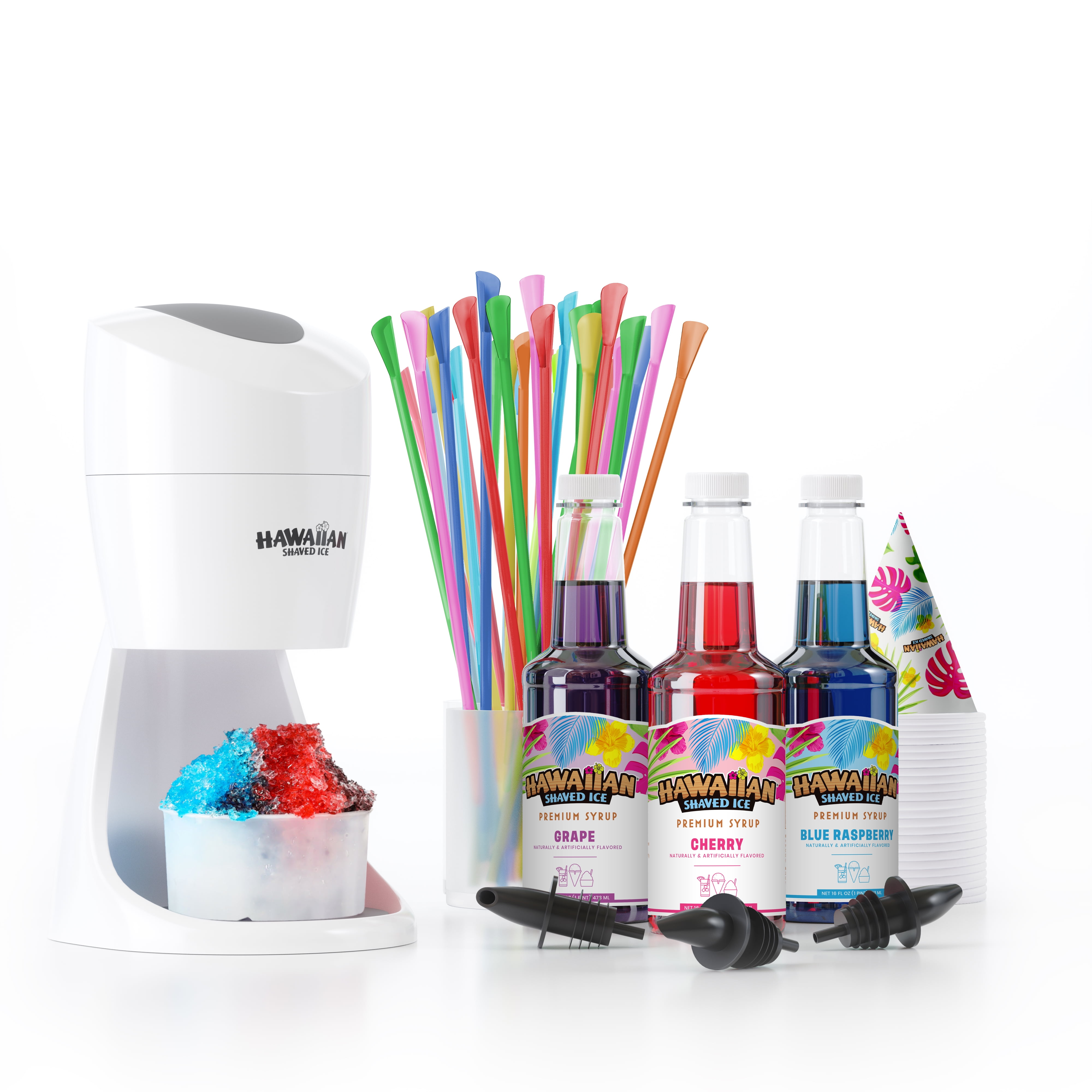 Hawaiian Shaved Ice Snow Cone Machine, White with Syrups and Accessories