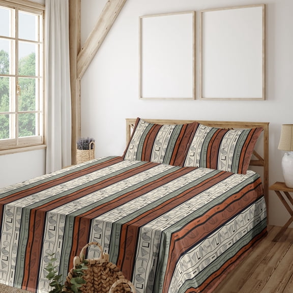 Hawaiian Sheet Set, Aloha Palm Trees Traditional Pattern of Stripes Surf Boards Shapes, Fitted & Flat Sheet with Pillowcase Bedding Accent 4 Pcs Set, Calking, Cinnamon Sage Green Ivory, by Ambesonne