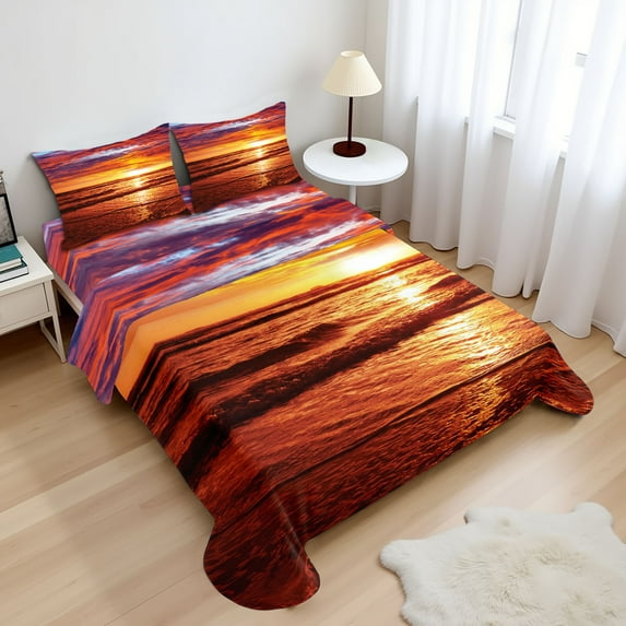Ambesonne Hawaii Fitted & Top Sheet Set with Shams, Sea Sunset Twilight, Yellow Orange