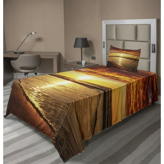 Ambesonne Hawaiian Fitted & Top Sheet Set with Sham, Beach Sunset Coast, Dark Orange Orange