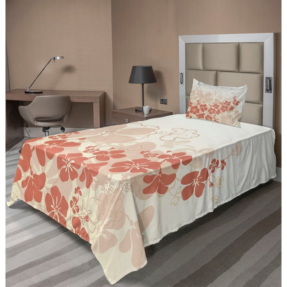 Ambesonne Floral Fitted & Top Sheet Set with Sham, Hawaii Flowers Tropical, Fuchsia Salmon White