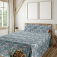 thumbnail image 1 of Ambesonne Hawaiian Fitted & Flat Sheet with Shams 4 Pcs Set, Triangles Leaves Flamingo, Calking, Cadet Blue and Pink, 1 of 5