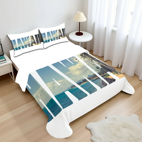 Ambesonne Tropical Fitted & Top Sheet Set with Shams, Hawaii Themed, Blue Green