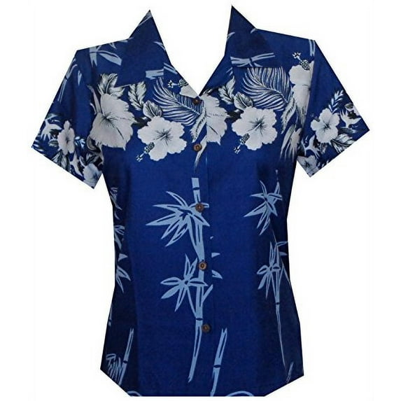 Hawaiian Shirt 35W Women Bamboo Tree Print Aloha Beach Top Blouse Blue 2XL