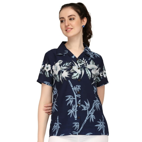 Hawaiian Shirt 35W Women Bamboo Tree Print Aloha Beach Top Blouse Blue XS