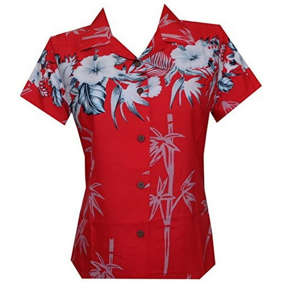 Hawaiian Shirt 35W Women Bamboo Tree Print Aloha Beach Top Blouse Red 2XL