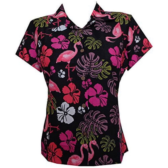 Hawaiian Shirt 37W Women Flamingo Leaf Print Aloha Beach Blouse Black L