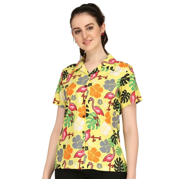 Hawaiian Shirt 37W Women Flamingo Leaf Print Aloha Beach Shirt Blouse Yellow 2XL