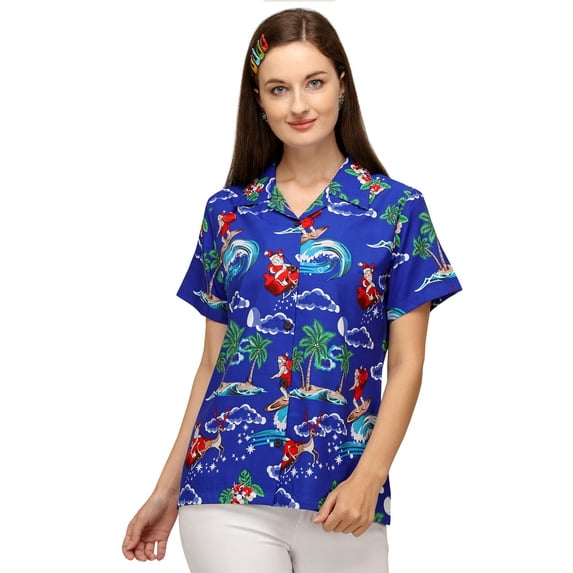 Hawaiian Shirt 41W Womens Christmas Santa Claus Top Blouse Aloha Beach Blue XL