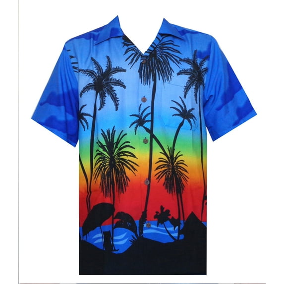 Hawaiian Shirt 42 Mens Allover Coconut Tree Beach Aloha Party Dark Blue L