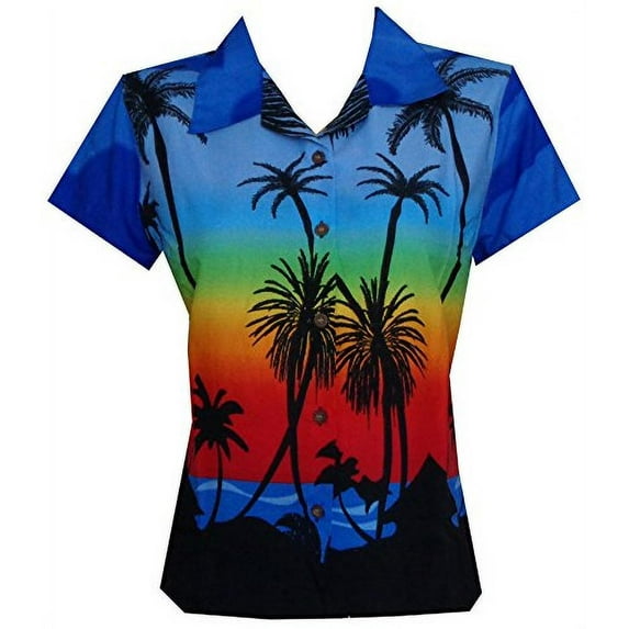 Hawaiian Shirt 42W Women Coconut Tree Print Aloha Top Blouse Dark Blue M