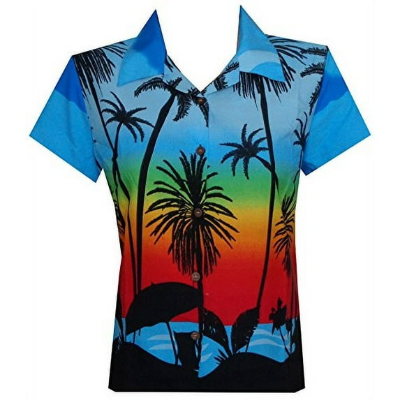 Hawaiian Shirt 42W Women Coconut Tree Print Aloha Top Blouse Light Blue S