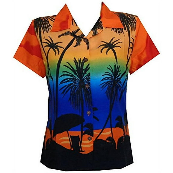 Hawaiian Shirt 42W Women Coconut Tree Print Aloha Top Blouse Orange S