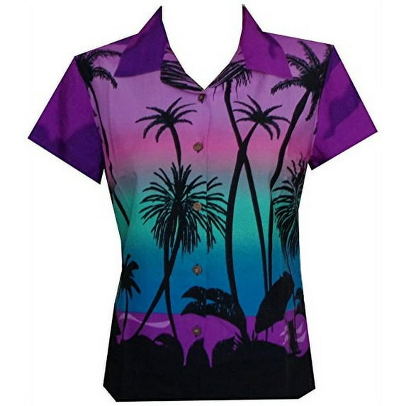Hawaiian Shirt 42W Women Coconut Tree Print Aloha Top Blouse Purple XS