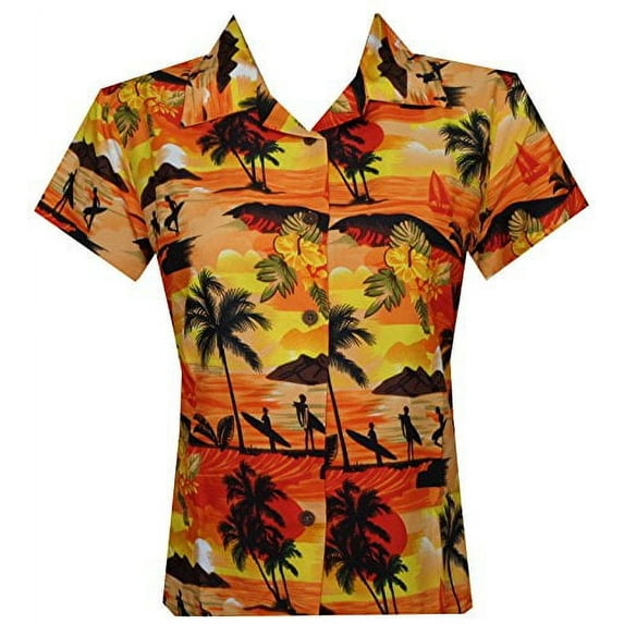 Hawaiian Shirt 43W Women Allover Aloha Beach Camp Swim Top Blouse Orange M