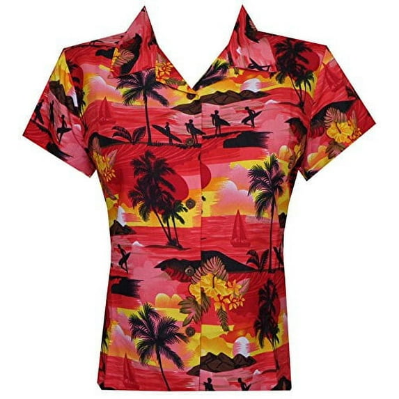 Hawaiian Shirt 43W Women Allover Aloha Beach Camp Swim Top Blouse Red XS