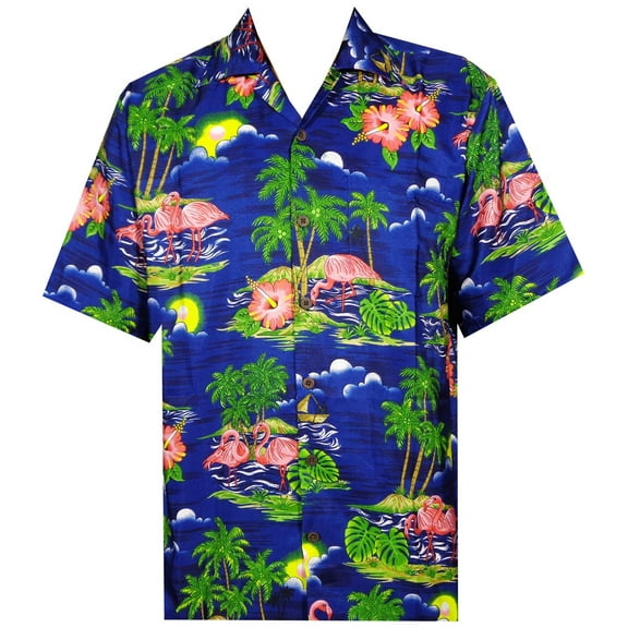 Hawaiian Shirt 48 Mens Scenic Flamingo Beach Aloha Casual Holiday Blue S