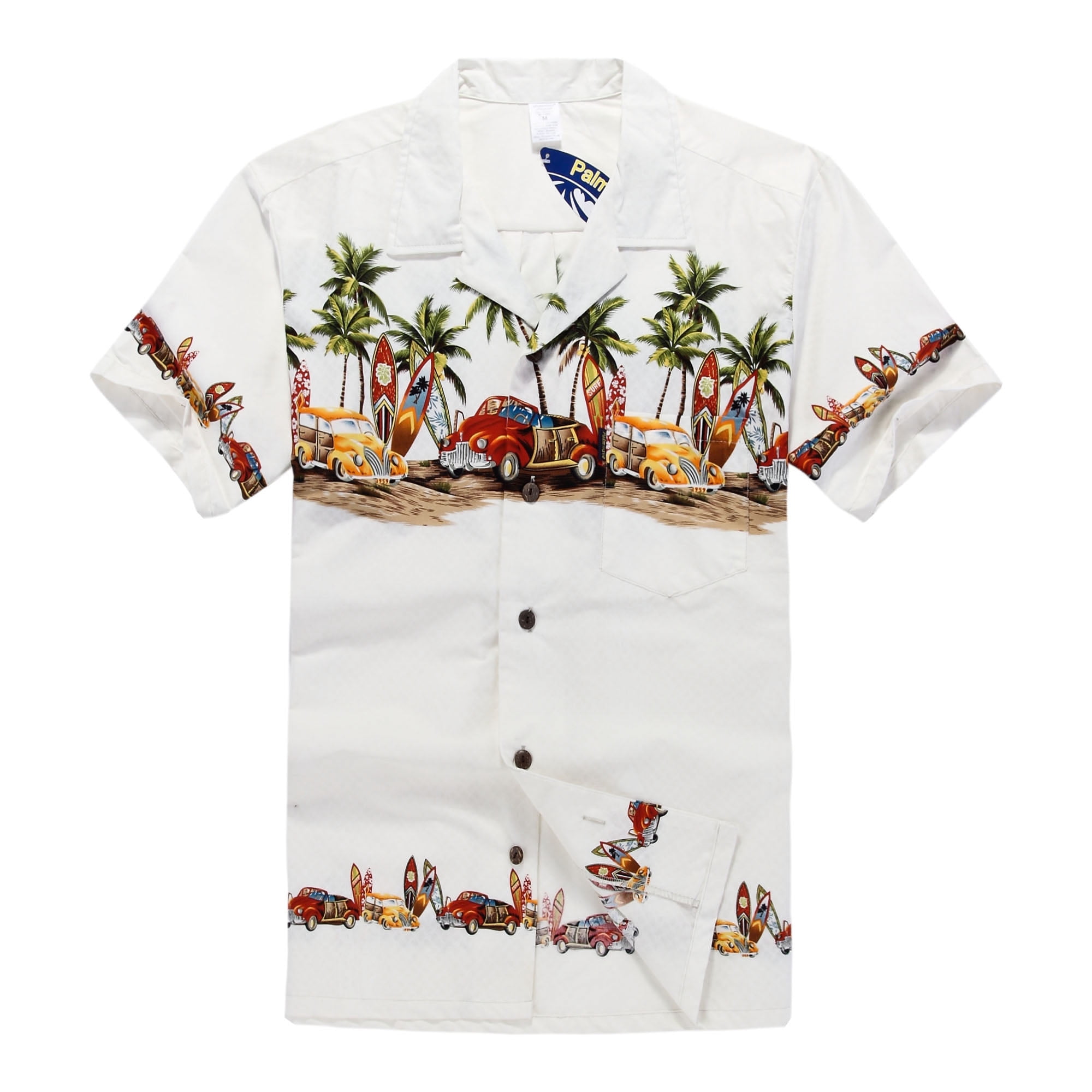 Hawaiian Shirt Aloha Shirt in Off White Vintage Cars and Surf 