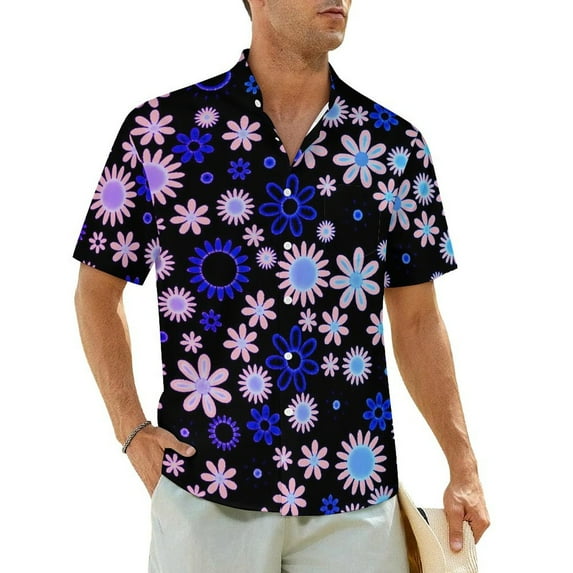 Hippie Flower Power Vacation Shirt Man Blue Floral Loose Casual Shirts Hawaiian Short-Slee