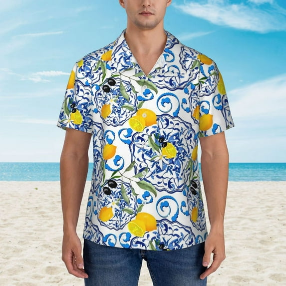 Hawaiian Shirt Beach Fruit Print Blouses Yellow Lemon Elegant Casual Shirts Man Short-Slee
