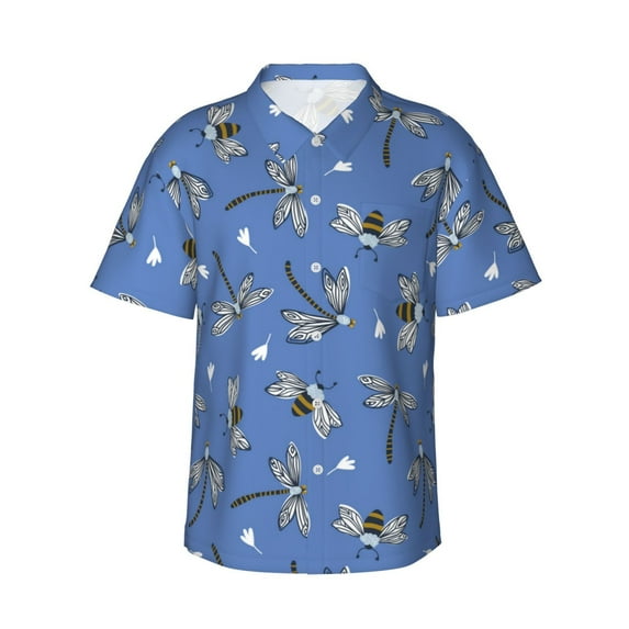 Hawaiian Shirt For Men, Bee Dragonfly Blue Mens Button Down Short Sleeve Shirt, Summer Beach Shirts For Men