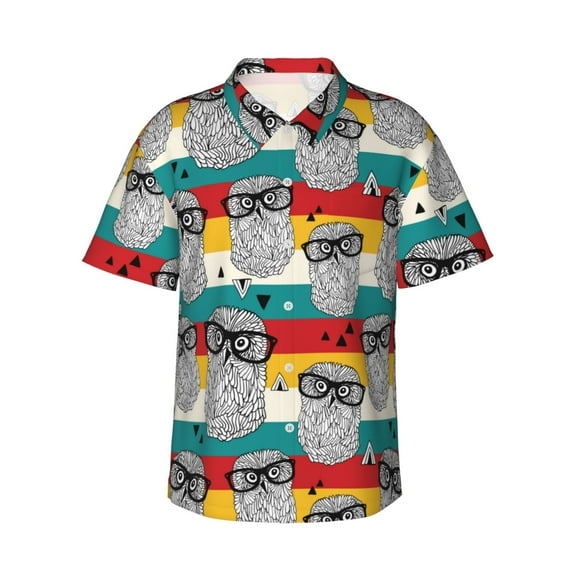 Hawaiian Shirt For Men, Black White Owl Colorful Stripes Mens Button Down Short Sleeve Shirt, Summer Beach Shirts For Men