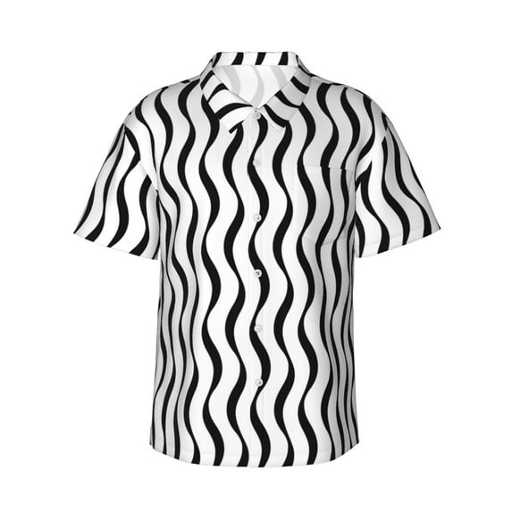Hawaiian Shirt For Men, Black White Wave Pattern Summer Shirts For Men, Mens Button Down Short Sleeve Shirt