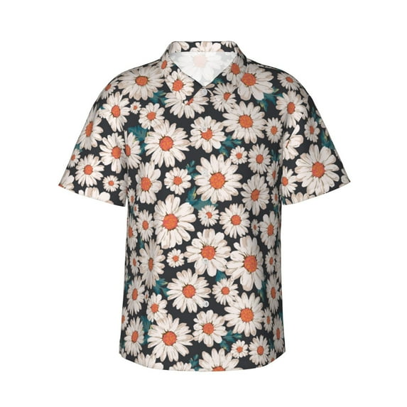 Hawaiian Shirt For Men, Blue Leaves Daisies Flowers Mens Button Down Short Sleeve Shirt, Summer Beach Shirts For Men