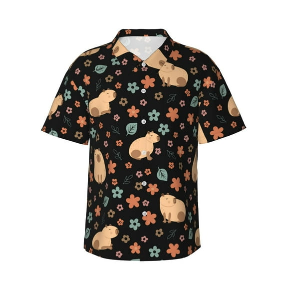 Hawaiian Shirt For Men, Capybaras Floral Mens Button Down Short Sleeve Shirt, Summer Beach Shirts For Men