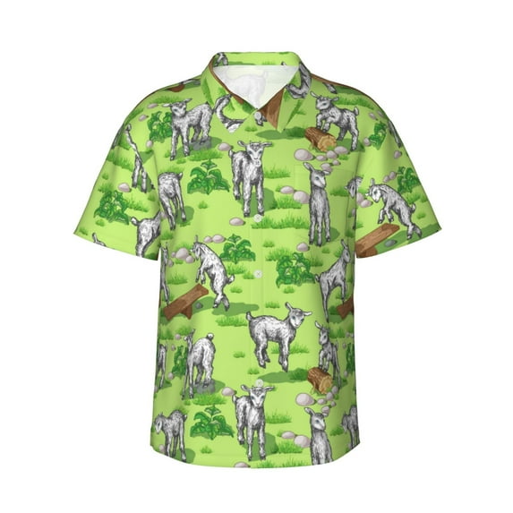 Hawaiian Shirt For Men, Cartoon Cute Goat In Meadow Mens Button Down Short Sleeve Shirt, Summer Beach Shirts For Men