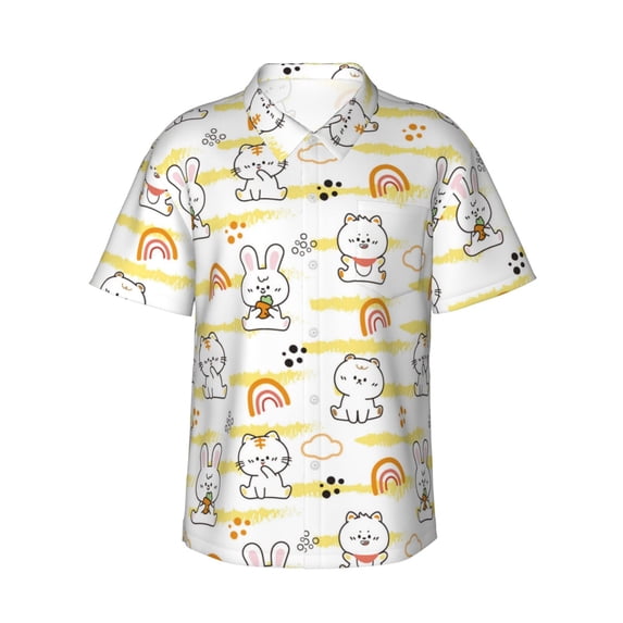 Hawaiian Shirt For Men, Cartoon Cute Rabbit Tiger Mens Button Down Short Sleeve Shirt, Summer Beach Shirts For Men
