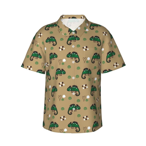Hawaiian Shirt For Men, Cartoon Funny Cute Lizard Green Mens Button Down Short Sleeve Shirt, Summer Beach Shirts For Men