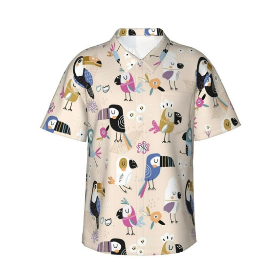 Hawaiian Shirt For Men, Cartoon Parrot Cute Toucan Mens Button Down Short Sleeve Shirt, Summer Beach Shirts For Men