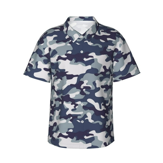 Hawaiian Shirt For Men, Classic Blue Camouflage Mens Button Down Short Sleeve Shirt, Summer Beach Shirts For Men