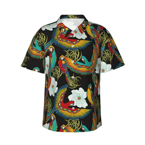Hawaiian Shirt For Men, Classic Color Parrot Flower Mens Button Down Short Sleeve Shirt, Summer Beach Shirts For Men