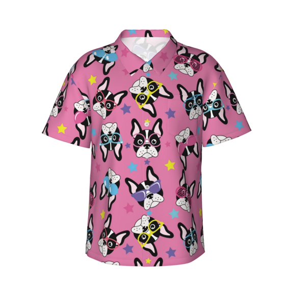 Hawaiian Shirt For Men, Colorful Cute French Bulldog Mens Button Down Short Sleeve Shirt, Summer Beach Shirts For Men