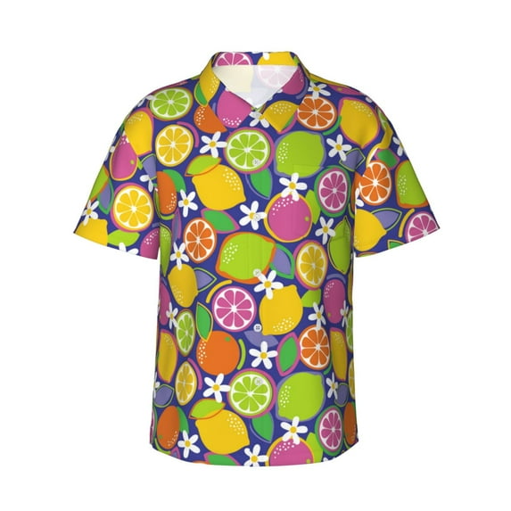 Hawaiian Shirt For Men, Colorful Floral Lemon Mens Button Down Short Sleeve Shirt, Summer Beach Shirts For Men