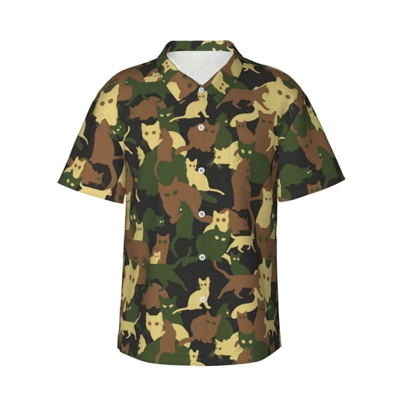 Hawaiian Shirt For Men, Cool Cat Camouflage Green Mens Button Down Short Sleeve Shirt, Summer Beach Shirts For Men
