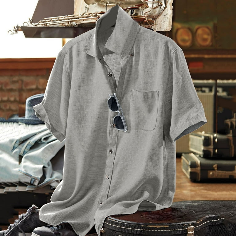 Hawaiian Shirt For Men Cotton And Linen Solid Color Lapel Short